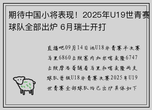 期待中国小将表现！2025年U19世青赛球队全部出炉 6月瑞士开打